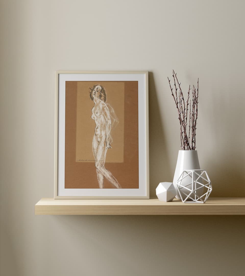 Framed sketch displayed on a lifestyle shelf