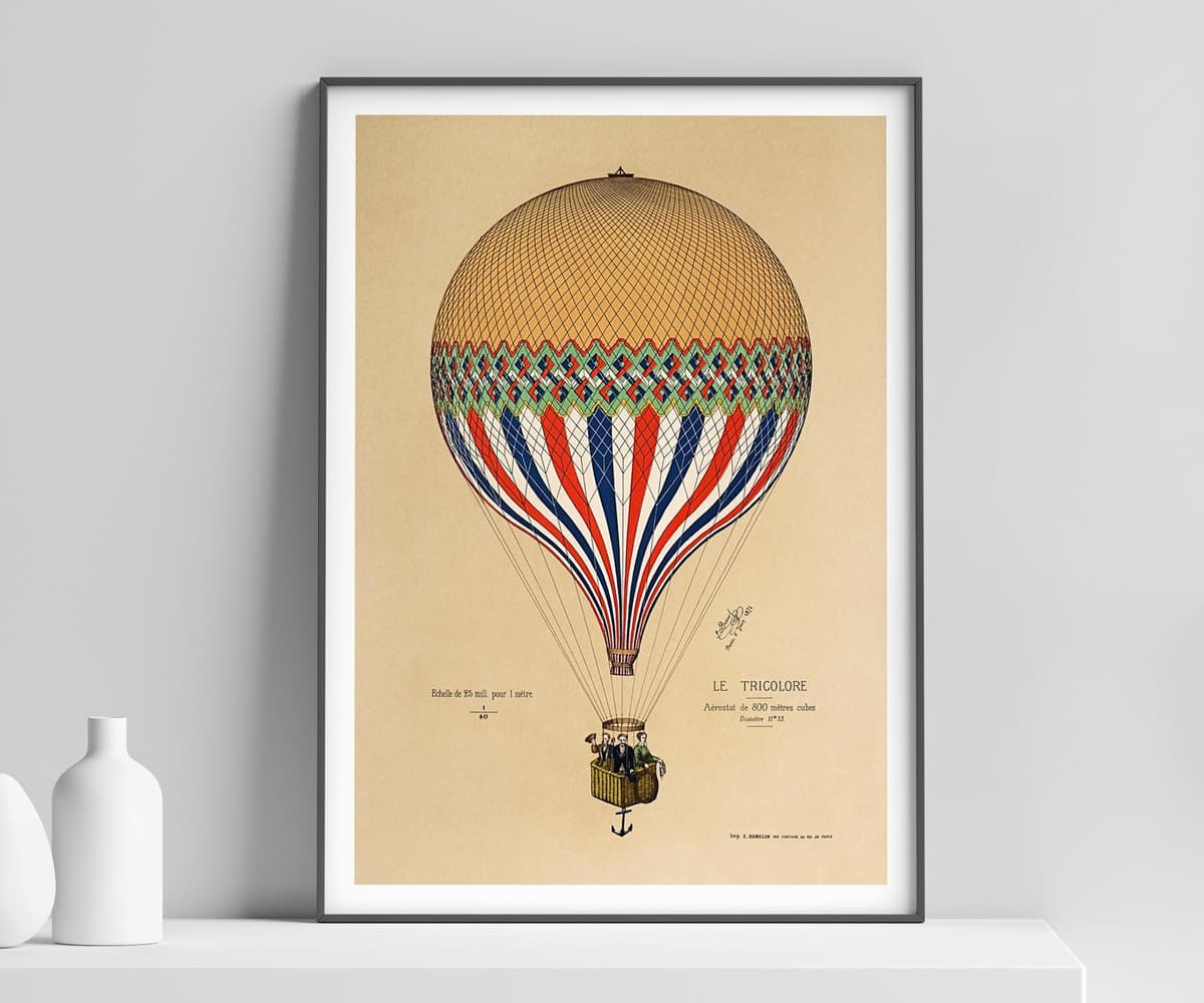 Vintage French Balloon Print, Paris 1874 Illustration, Wall Art Print in the UK