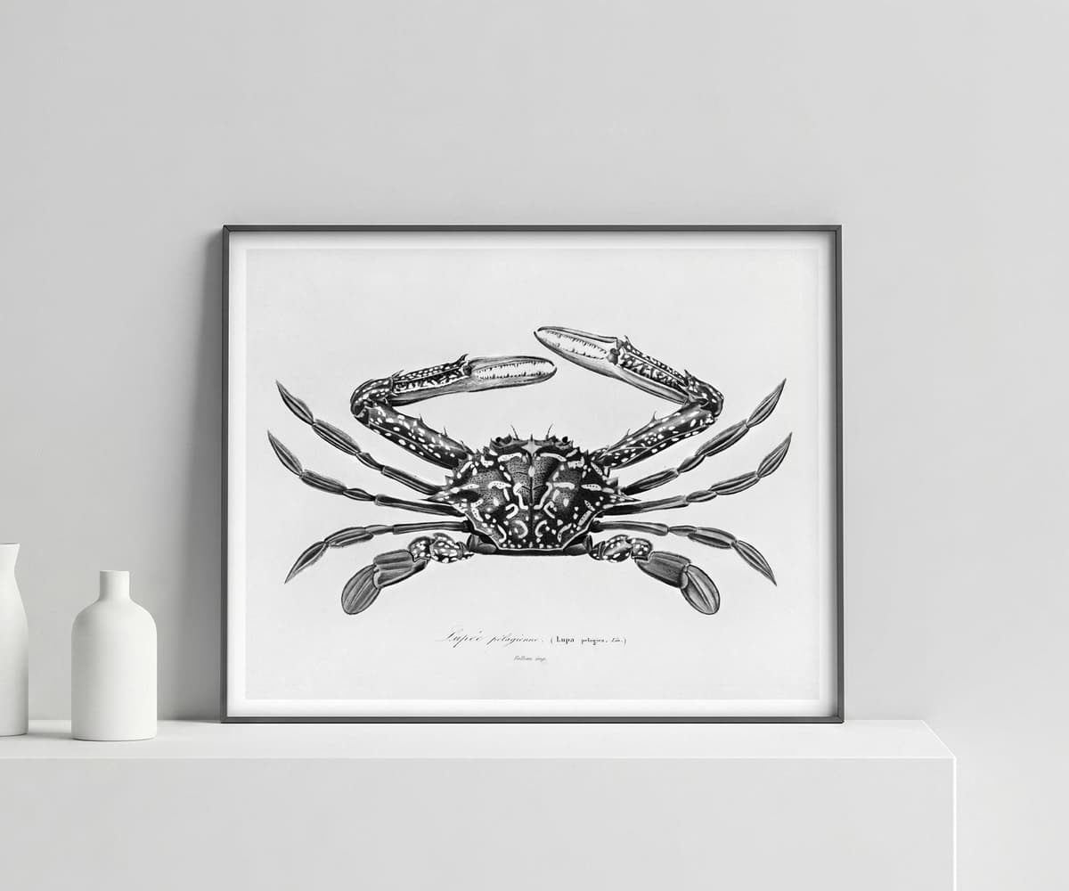 Vintage Crab Illustration Print, Charles D'Orbigny Marine Art, Black White Coastal Decor