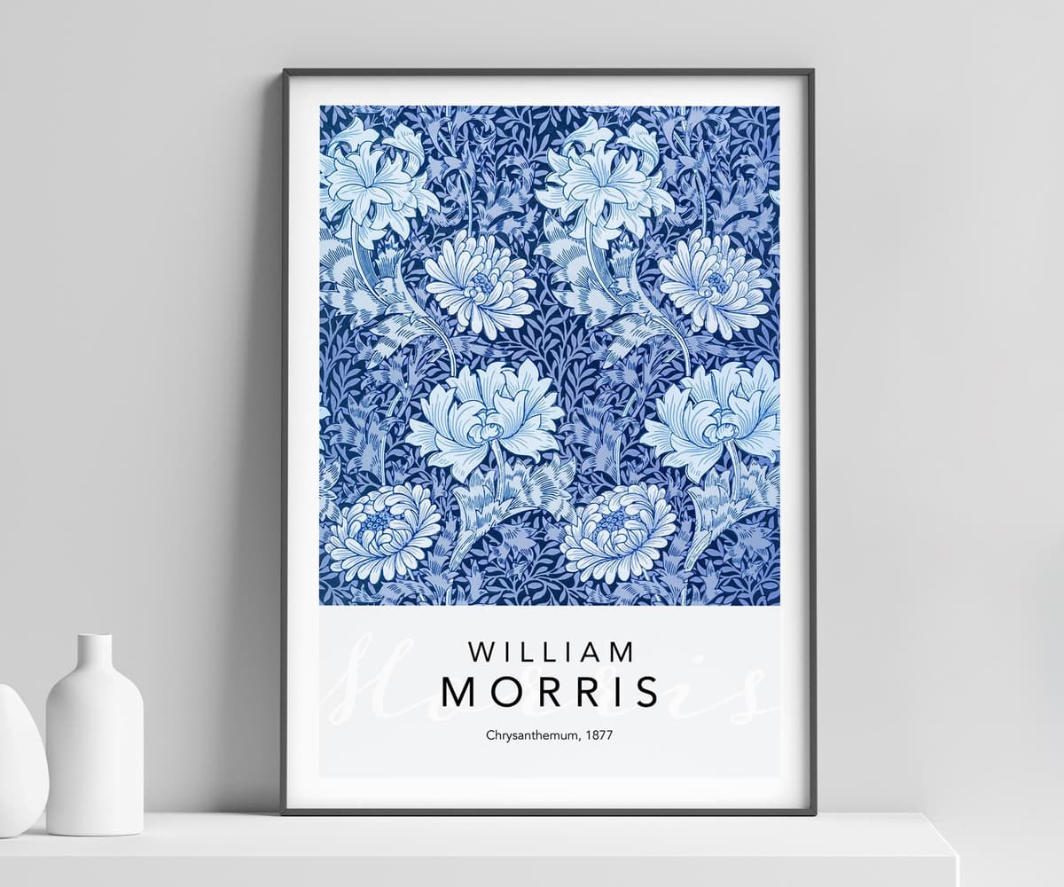 William Morris Poster: Patina Blue Floral Pattern Chrysanthemum, Wall Art Print for Living Room