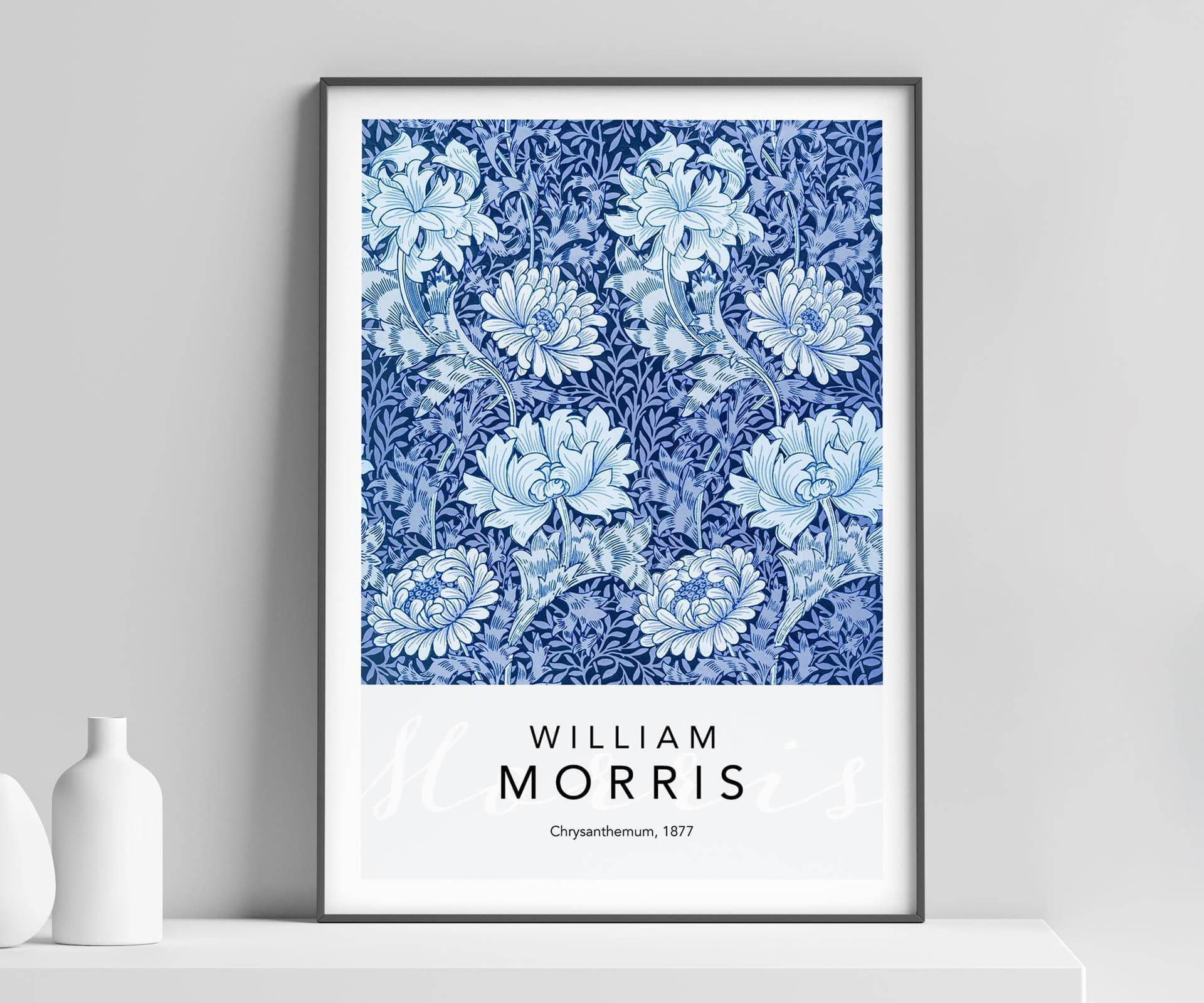 William Morris Poster: Patina Blue Floral Pattern Chrysanthemum, Wall Art Print for Living Room