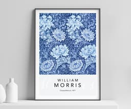 William Morris Poster: Patina Blue Floral Pattern Chrysanthemum, Wall Art Print for Living Room 1
