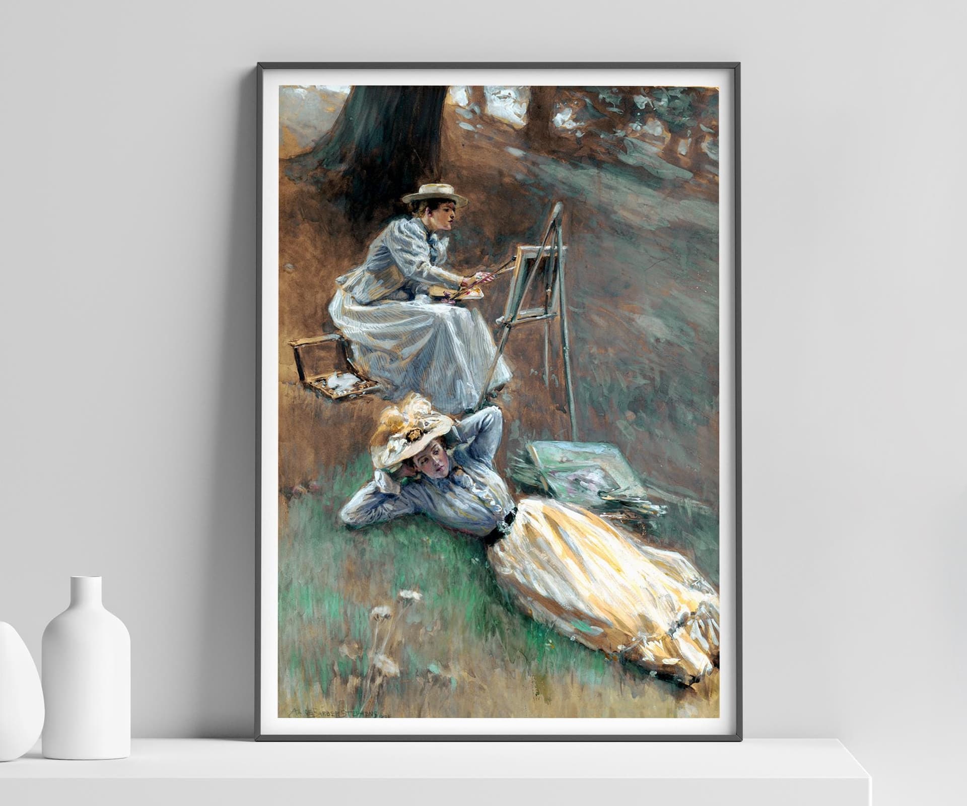 Unique Wall Art Print, Selma at full length by Alice Barber Stephens, Plein Air Painting, Artist Gift, Cottage Core Decor, Soft Blue