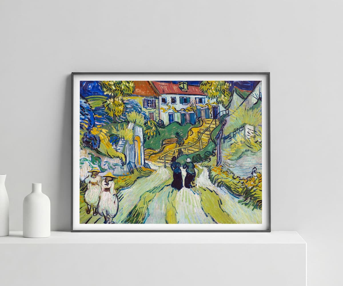 Van Gogh Wall Art Print, Stairway at Auvers 1890, Auvers-sur-Oise Village Scene, Landscape Green Painting, Living Room Decor