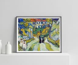 Van Gogh Wall Art Print, Stairway at Auvers 1890, Auvers-sur-Oise Village Scene, Landscape Green Painting, Living Room Decor 1