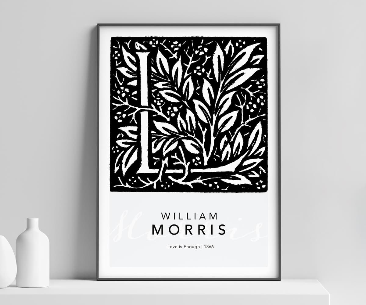 William Morris Letter L Wall Art Print, Botanical Typography, Monochrome Giclée Art