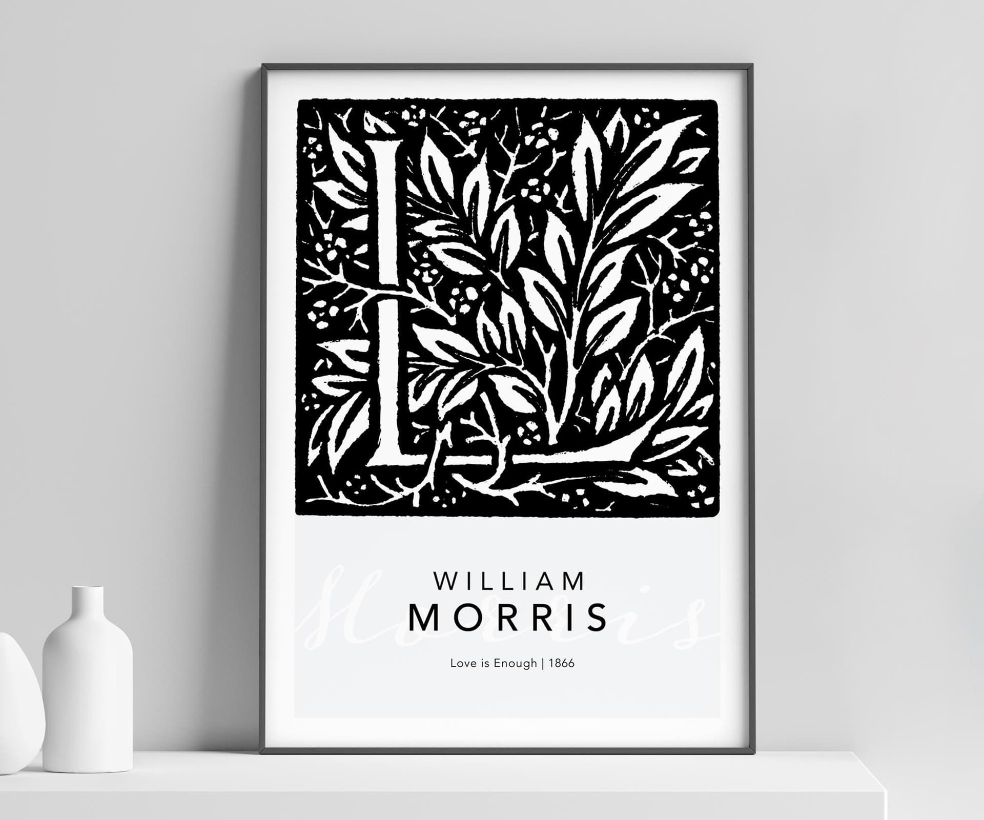 William Morris Letter L Wall Art Print, Botanical Typography, Monochrome Giclée Art