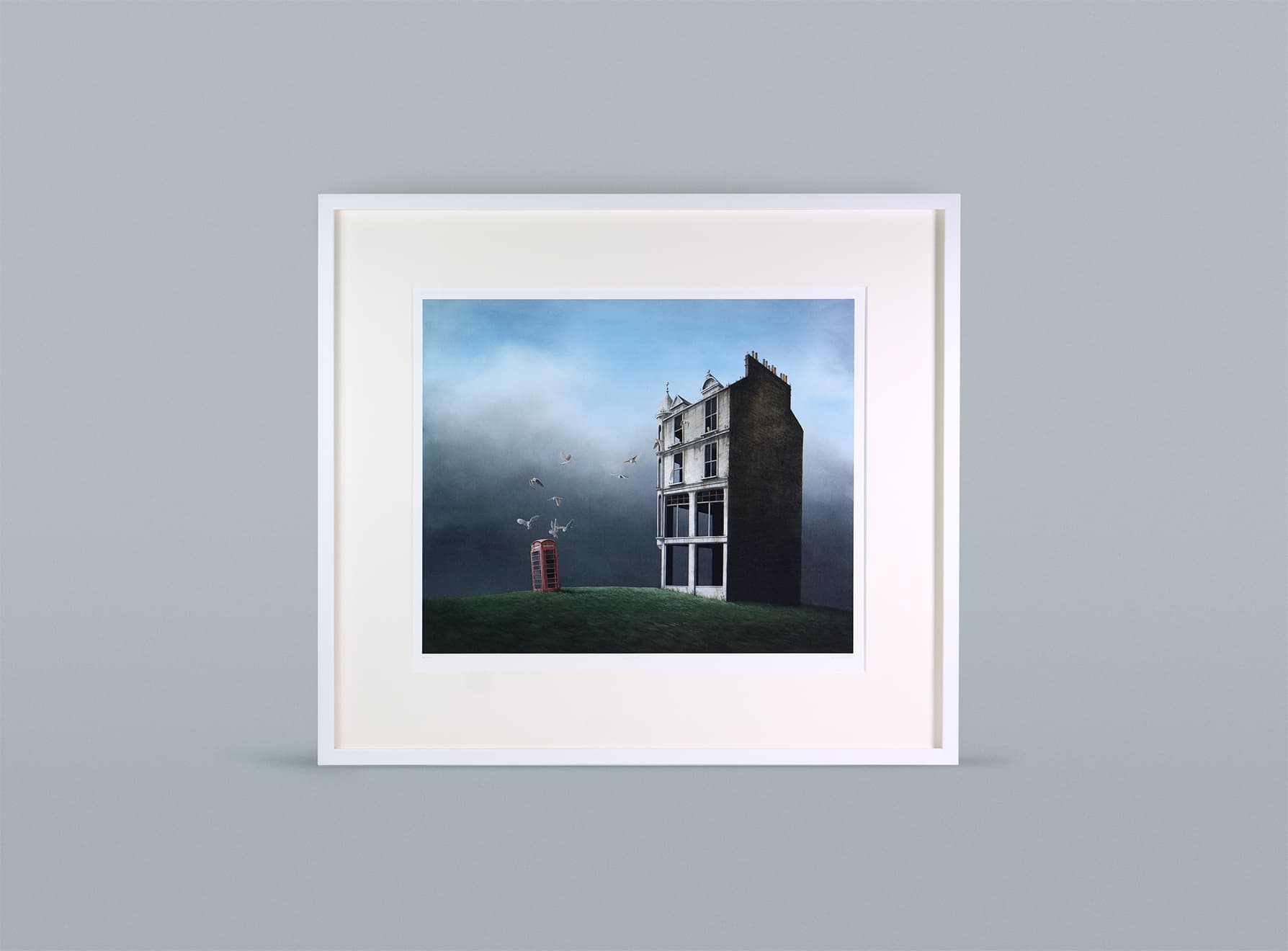 A large framed artwork displayed gallery-style on a white wall